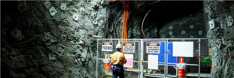 A man stands in a tunnel holding a sign for the Progrid Underground Division